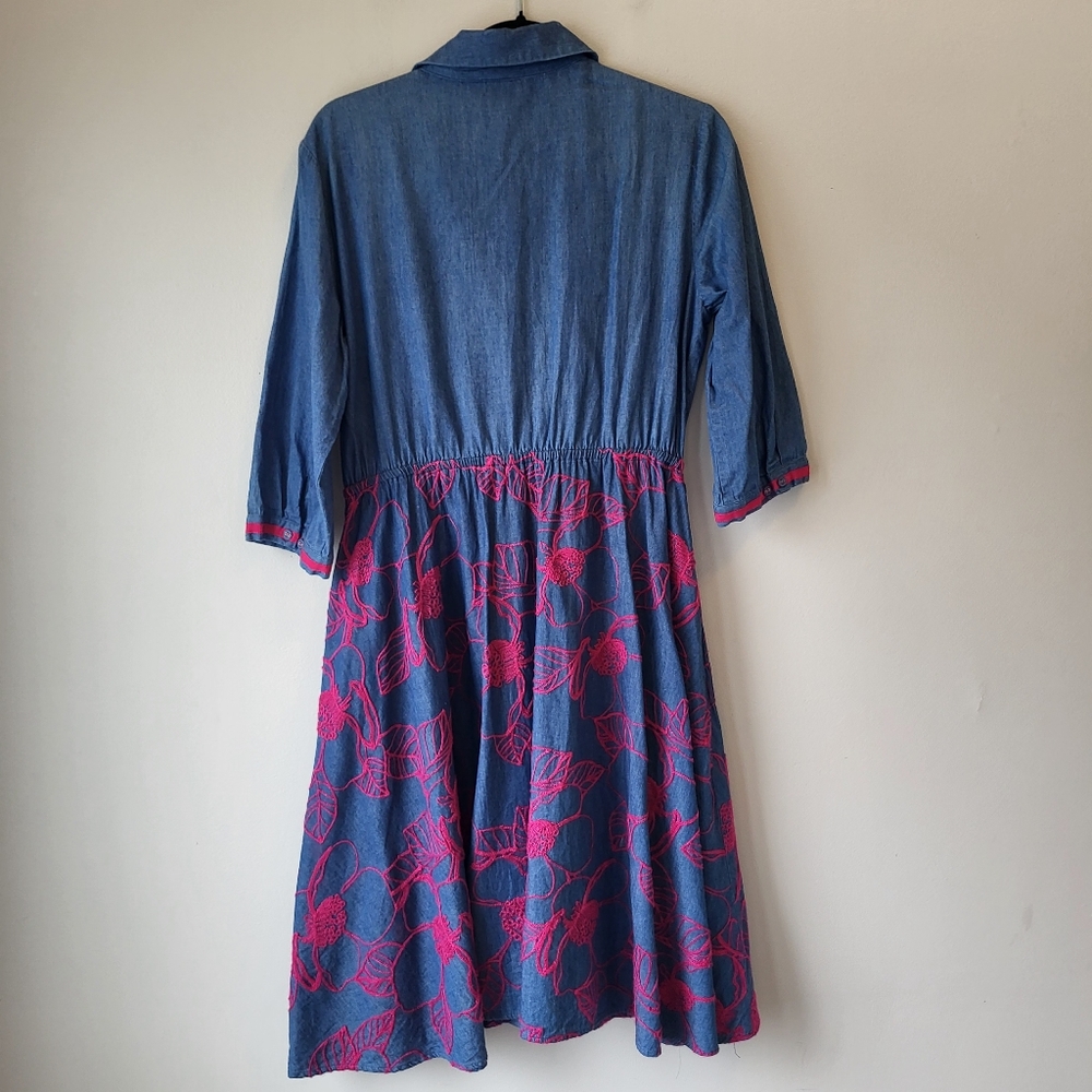 Tristan Blue Jean Flowy Pink Floral Embroidery Countryside Chic Feminine Dress - Picture 2 of 9